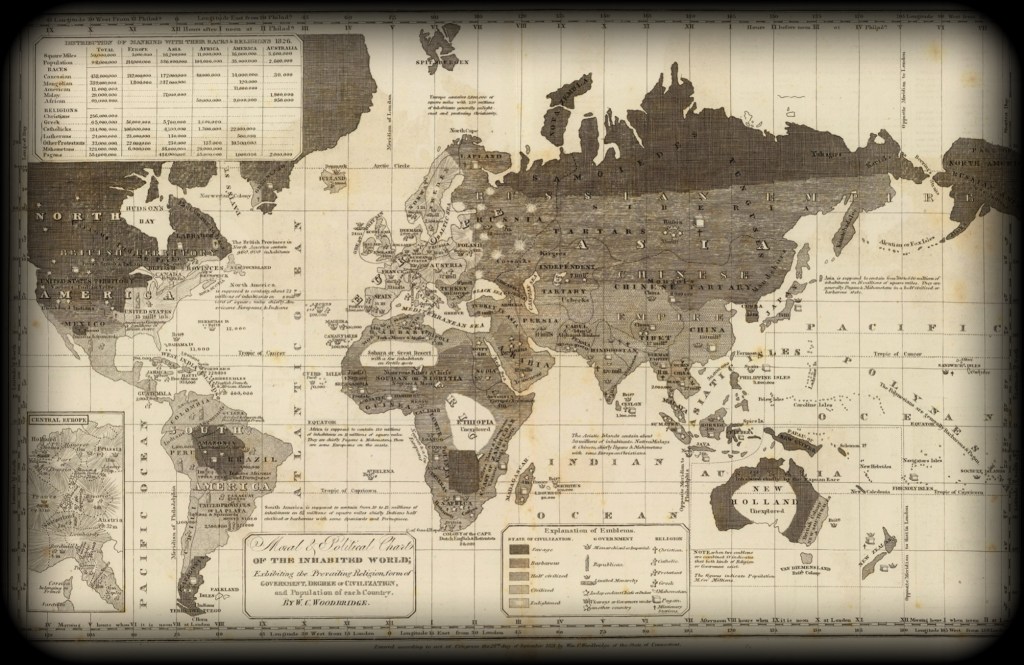 The Moral & Political Chart of the Inhabited World; Exhibiting the prevailing religion, form of government, degree of civilization and population of each country, W.C. Woodbridge, 1821