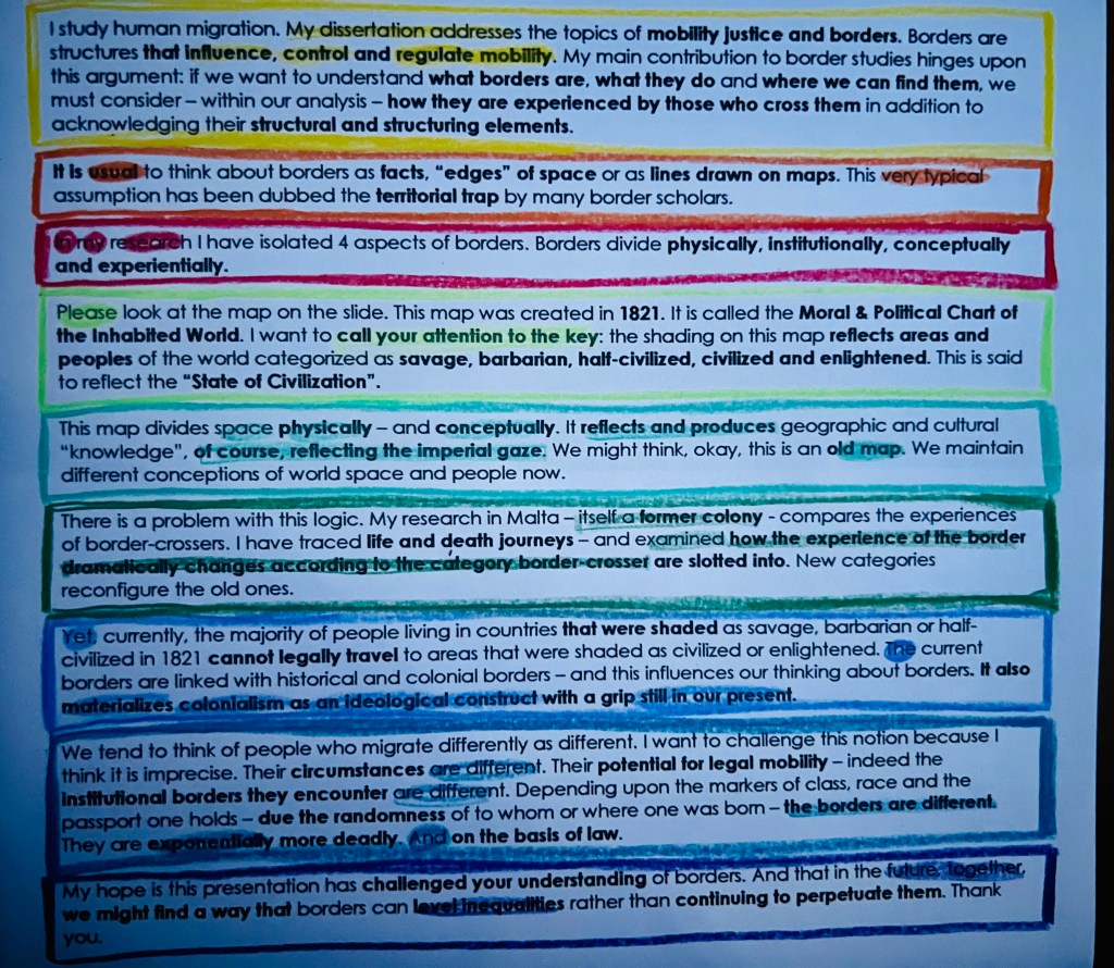 Written, color coded final version of 3 Minute Thesis Competition presentation